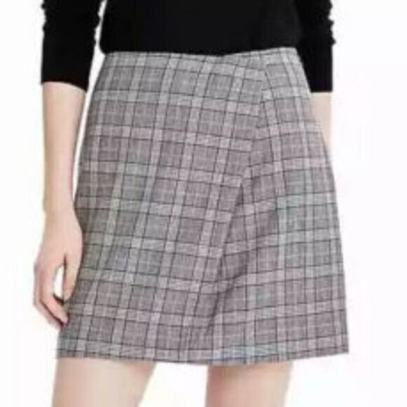 BANANA REPUBLIC Wool Foldover Mini Skirt Grey Plaid Sz 14 - Picture 1 of 9